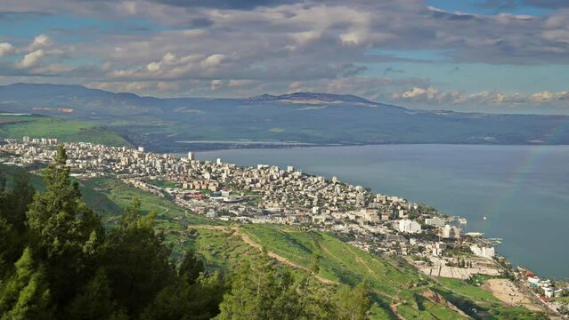 time lapse of Tiberias and sea of Galilee or lake Kineret in northern Israel