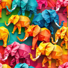 Elephants paper origami line art colorful decorative repeat pattern