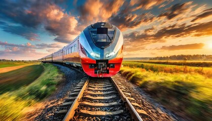 High speed train in motion on the railway station at sunset. Fast moving modern passenger train on railway platform. Railroad with motion blur effect. Commercial transportation. Blurred background - obrazy, fototapety, plakaty
