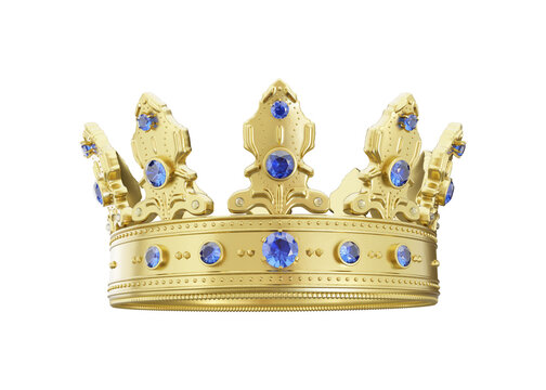 3d royal golden crown with blue diamonds on isolated background. Textured king gold crown. 3d rendering illustration.