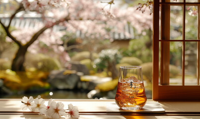 Whiskey in a traditional Japanese sake cup on a zen garden background. Japanese minimalistic concept for background, poster, print, designer postcard, banner, flyer