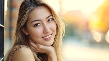 Obraz premium Experience beauty in every detail with a captivating woman's face against a natural background. Nature meets elegance in our timeless portrayal. Generative AI