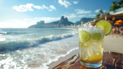 Caipirinha cocktail on the background of Rio beach. The concept of a summer cocktail by the sea, for background, poster, print, designer postcard, banner, flyer with copy space
