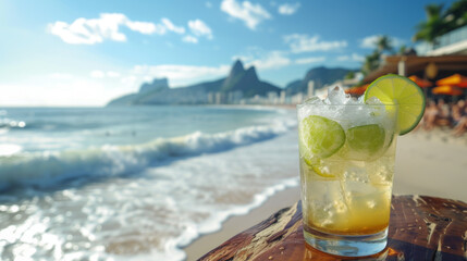 Caipirinha cocktail on the background of Rio beach. The concept of a summer cocktail by the sea, for background, poster, print, designer postcard, banner, flyer
with copy space