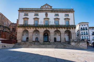 Fototapeta na wymiar Main facade of the Town Hall of the monumental city of Caceres, Spain.