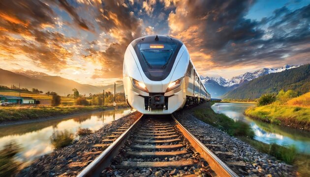 High speed train in motion on the railway station at sunset. Fast moving modern passenger train on railway platform. Railroad with motion blur effect. Commercial transportation. Blurred background
