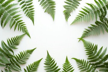 Fototapeta na wymiar Lush green fern leaves on white background forming a natural frame with space for text, ideal for eco-friendly and wellness themes.