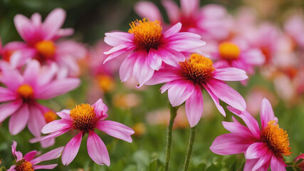 Obraz premium Pink and yellow flowers, Pink flower landscape wallpaper, red and pink flowers wallpaper, colorful flower background,
