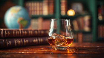 A glass of whiskey with books and a globe