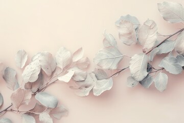 Soft pastel tones adorn delicate eucalyptus branches, creating an elegant and serene botanical composition.

