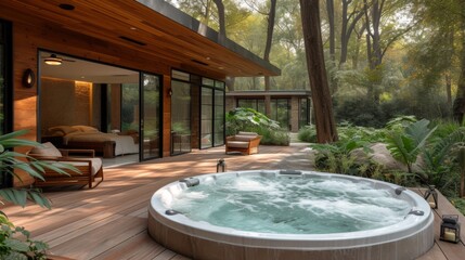 Oasis de luxe en plein air : Jacuzzi sur le pont en bois, détente parmi la verdure près d'une maison moderne