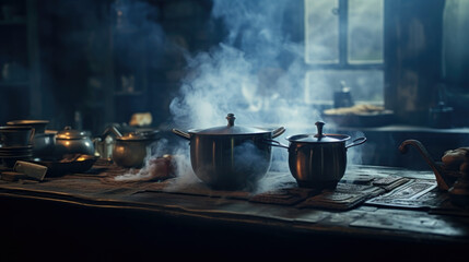 Boiling water with steam in a pot on an electric stove in the kitchen. - obrazy, fototapety, plakaty