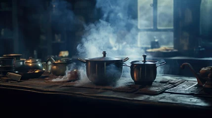 Poster Boiling water with steam in a pot on an electric stove in the kitchen. © Ruslan Gilmanshin