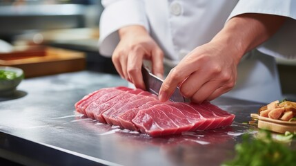 Cutting meat using a knife on the table using both hands.