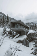 Fototapeta premium Modern houses in snowy mountains.