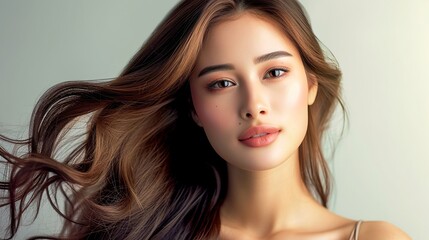 Fototapeta premium Elevate your beauty experience with a stunning woman boasting brown hair and fair skin. Discover radiance and allure effortlessly. Generative AI