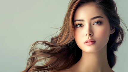 Fototapeta premium Elevate your beauty experience with a stunning woman boasting brown hair and fair skin. Discover radiance and allure effortlessly. Generative AI