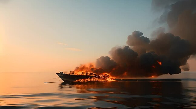 Scene of a burning and smoking boat in the waters