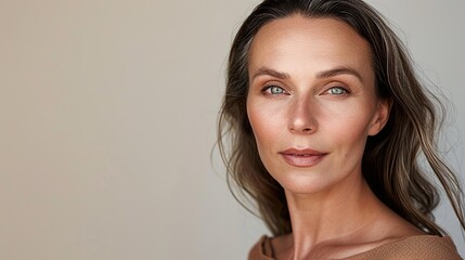 Naklejka premium Rediscover beauty with our middle-aged woman. Embrace timeless elegance and radiant charm. Generative AI