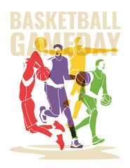 Four basketball athletes in motion poses. Colorful silhouettes. Professional match poster flyer design. vector flat illustration