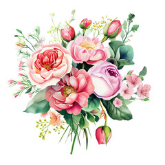 Bouquet composition watercolor isolate on transparent background, valentines day concept