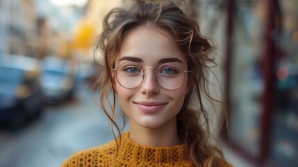 Joie urbaine : Femme souriante en pull jaune, lunettes rondes, ambiance décontractée en ville - obrazy, fototapety, plakaty