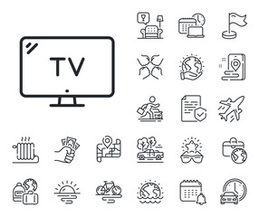 Television sign. Plane jet, travel map and baggage claim outline icons. TV line icon. Hotel service symbol. Tv line sign. Car rental, taxi transport icon. Place location. Airport lounge. Vector