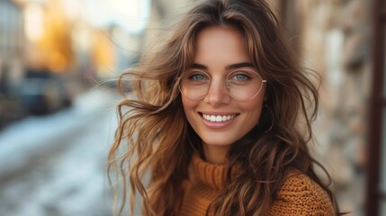 Obraz premium Joie urbaine : Femme souriante en pull jaune, lunettes rondes, ambiance décontractée en ville