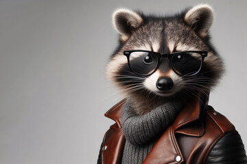 Raccoon in a leather jacket and glasses. Place for text.