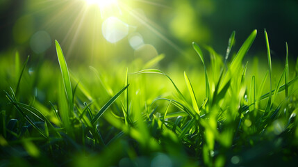 Green grass background with sun rays and bokeh. Close up.