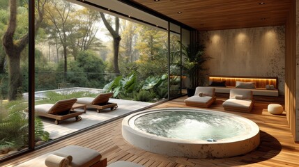 Fototapeta premium Oasis de luxe en plein air : Jacuzzi sur le pont en bois, détente parmi la verdure près d'une maison moderne