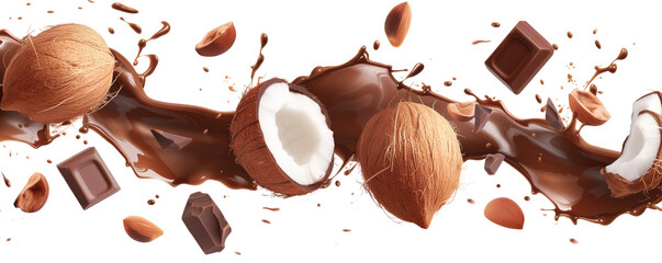 Coconut and chocolate flying on white background