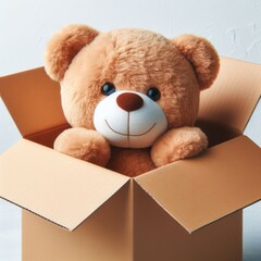 A cheerful toy bear looks out of a box.
