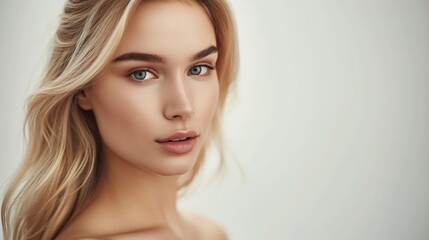 Naklejka premium Elevate visuals with a portrait of a European beauty against a pristine white background. Explore timeless elegance in every detail.
