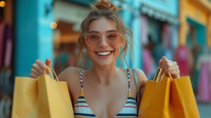 Shopping sous le soleil : Femme souriante en chapeau, lunettes, et top rayé avec des sacs jaunes - obrazy, fototapety, plakaty