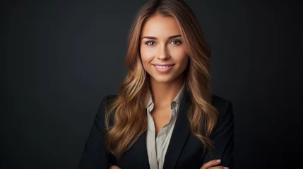 Foto op Plexiglas A dark-textured background is the backdrop for this close-up portrait of a smiling blonde businesswoman dressed in formal attire isolated on her face. © Elchin Abilov