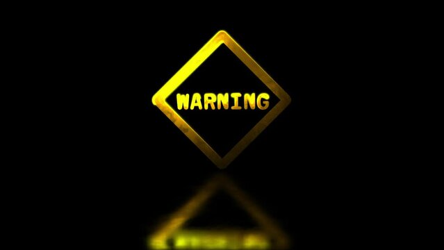 Glowing neon frame effect looping caution warning sign symbol. Black background.