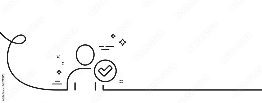 Poster checked user line icon. continuous one line with curl. profile avatar with tick sign. person silhoue