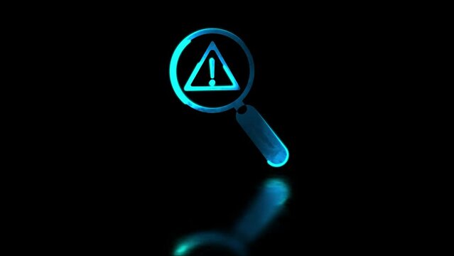 Glowing neon frame effect magnifying glass icon search warning symbol black background