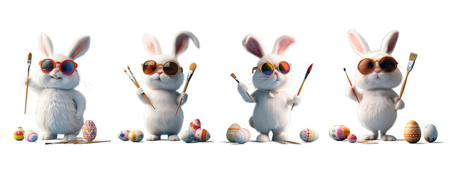 Cute easter bunny wearing sunglasses holding a paint brush with eggs collection transparent background