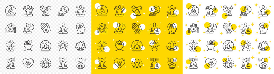 Fototapeta premium Body balance, person relax and energy meditation set. Yoga meditation line icons. Mind harmony, health meditate and self concentrate line icons. Listen relax sound, yoga mind therapy. Vector