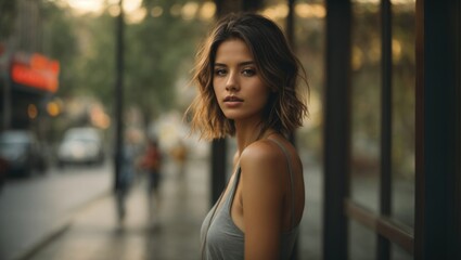  beautiful young woman on the background of the city