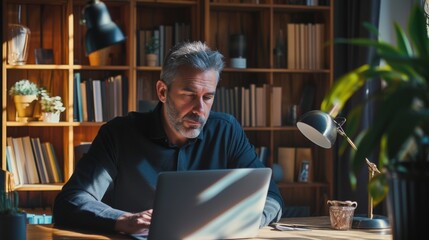 A studious man sits at his cluttered desk, surrounded by books and furniture, as he diligently works on his laptop, surrounded by a towering bookcase and a neatly organized shelf