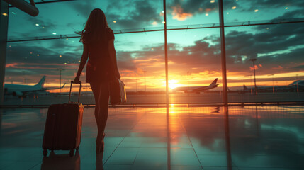 woman at airport, women walking with luggage trolley at the airport during sunset