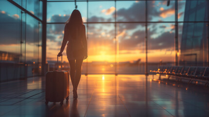 bisines woman at airport, women walking with luggage trolley at the airport during sunset, female with bagage trolley