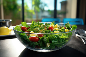 Seasonal summer vegetable salad in a glass bowl. Vegan organic food, dietary meal in a rustic style