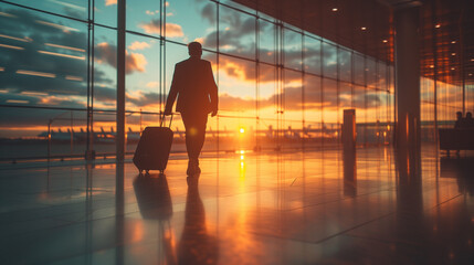 busines men walking at the airport with luggage trolley at sunset, man at airport