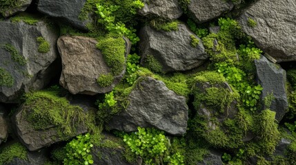 Nature's resilience and beauty revealed in a picturesque landscape of moss-covered rocks adorned with vibrant green plants, a true testament to the harmony of stone and life in the great outdoors