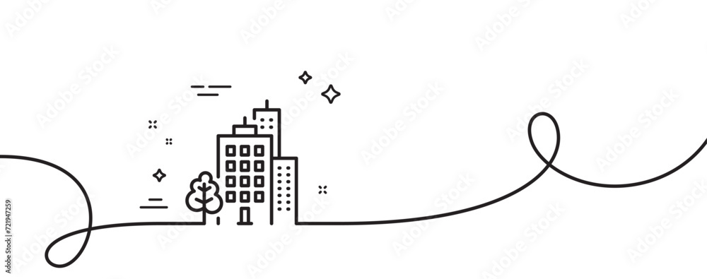 Poster buildings line icon. continuous one line with curl. city architecture with tree sign. skyscraper bui