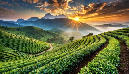 Green tea plantation at sunrise time, nature background. yangzhou jade dragon snow mountains
